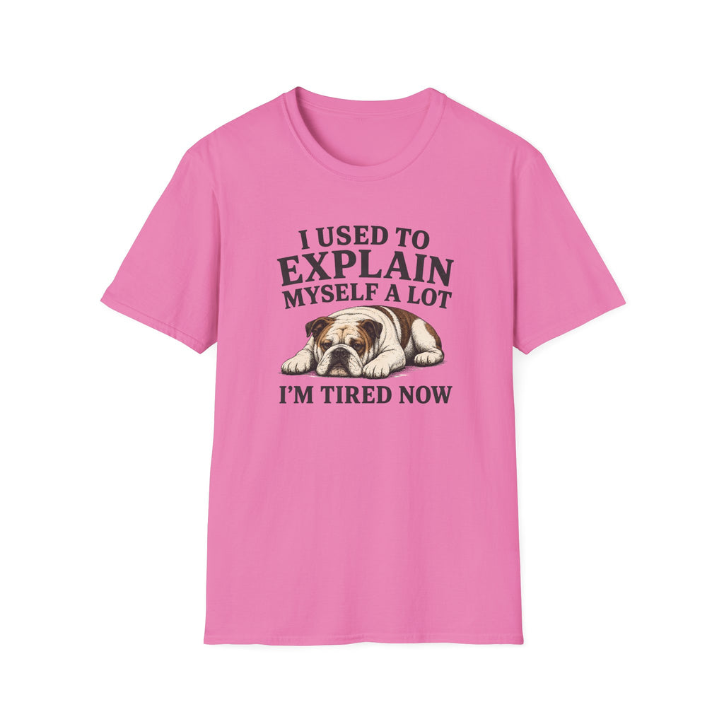 Pink t-shirt with a bulldog graphic and text on a white background