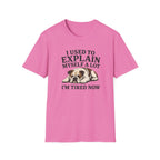 Pink t-shirt with a bulldog graphic and text on a white background
