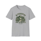 Sport grey short-sleeve crewneck t-shirt featuring a distressed dark green graphic on the front with the text 'ALTERNATIVE PATHWAYS CLUB' and an illustration of a mountain, trees, and a winding path.