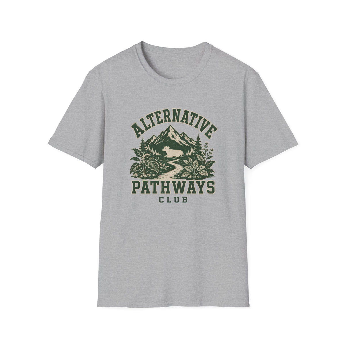 Sport grey short-sleeve crewneck t-shirt featuring a distressed dark green graphic on the front with the text 'ALTERNATIVE PATHWAYS CLUB' and an illustration of a mountain, trees, and a winding path.