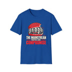 A royal blue short-sleeve t-shirt with a graphic of a burger with teeth wearing braces and the text 'THE MAINSTREAM TASTES LIKE COMPROMISE' printed on the front, displayed against a solid white background.