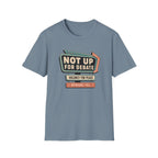 A light blue crewneck t-shirt with a retro-style marquee graphic on the chest reading 'NOT UP FOR DEBATE', 'VACANCY FOR PEACE', and 'OPINIONS FULL'.