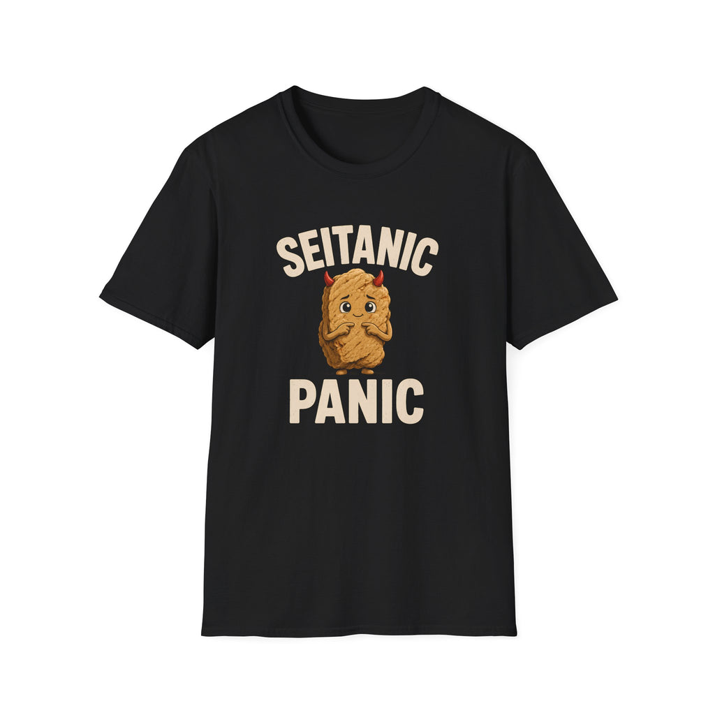 Black t-shirt with 'Seitanic Panic' graphic design on a white background