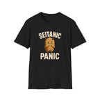 Black t-shirt with 'Seitanic Panic' graphic design on a white background