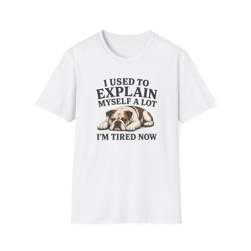 White t-shirt with a bulldog graphic and text on a white background