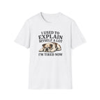 White t-shirt with a bulldog graphic and text on a white background