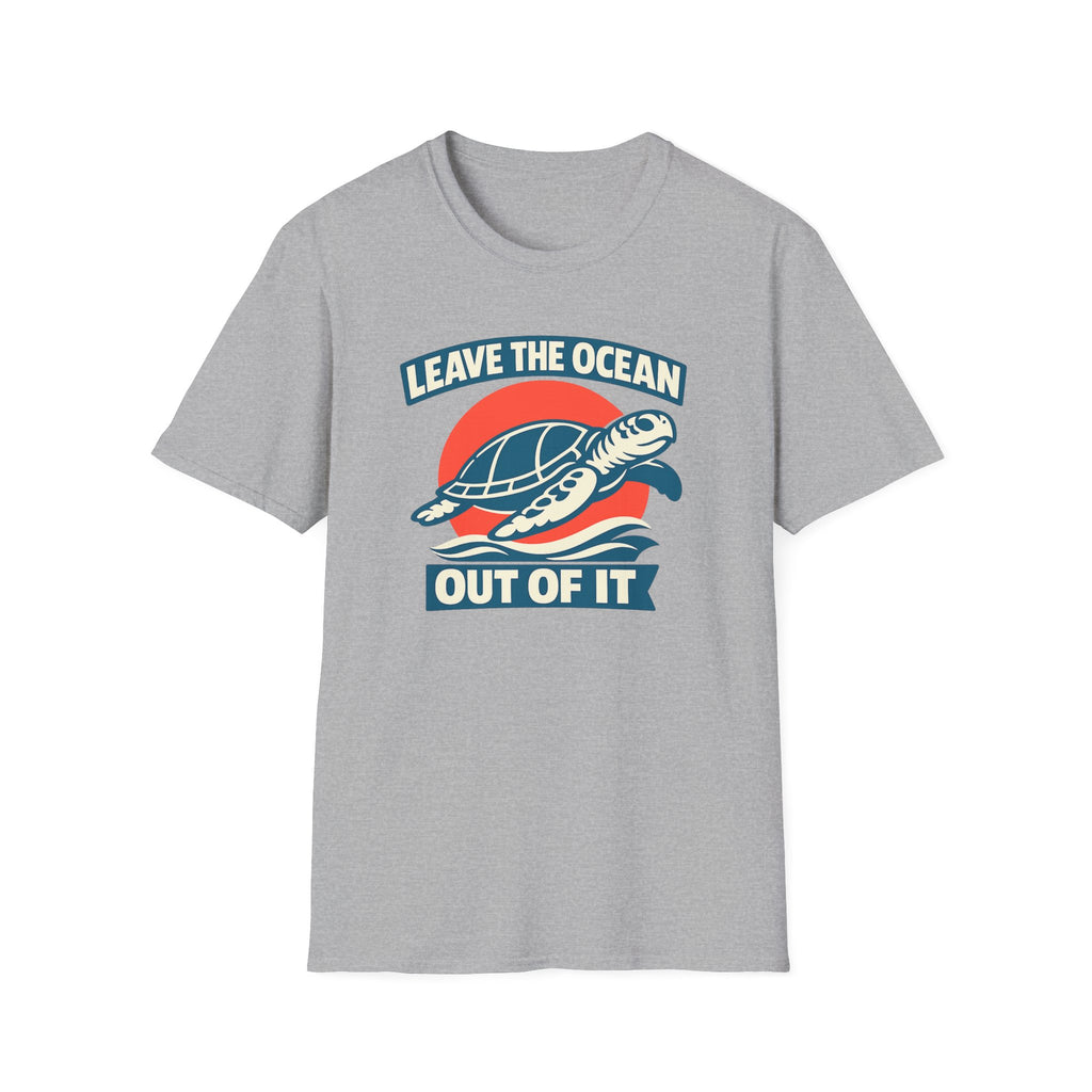 A light gray short-sleeve crewneck t-shirt featuring a retro graphic of a sea turtle swimming in front of a red sun, with the text 'LEAVE THE OCEAN OUT OF IT' in white and dark blue.