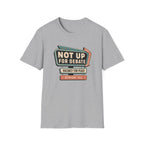 A light gray heather crewneck t-shirt featuring a retro-style marquee graphic on the chest with the text 'NOT UP FOR DEBATE', 'VACANCY FOR PEACE', and 'OPINIONS FULL'.