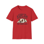 Red t-shirt with a bulldog graphic and humorous text on a white background