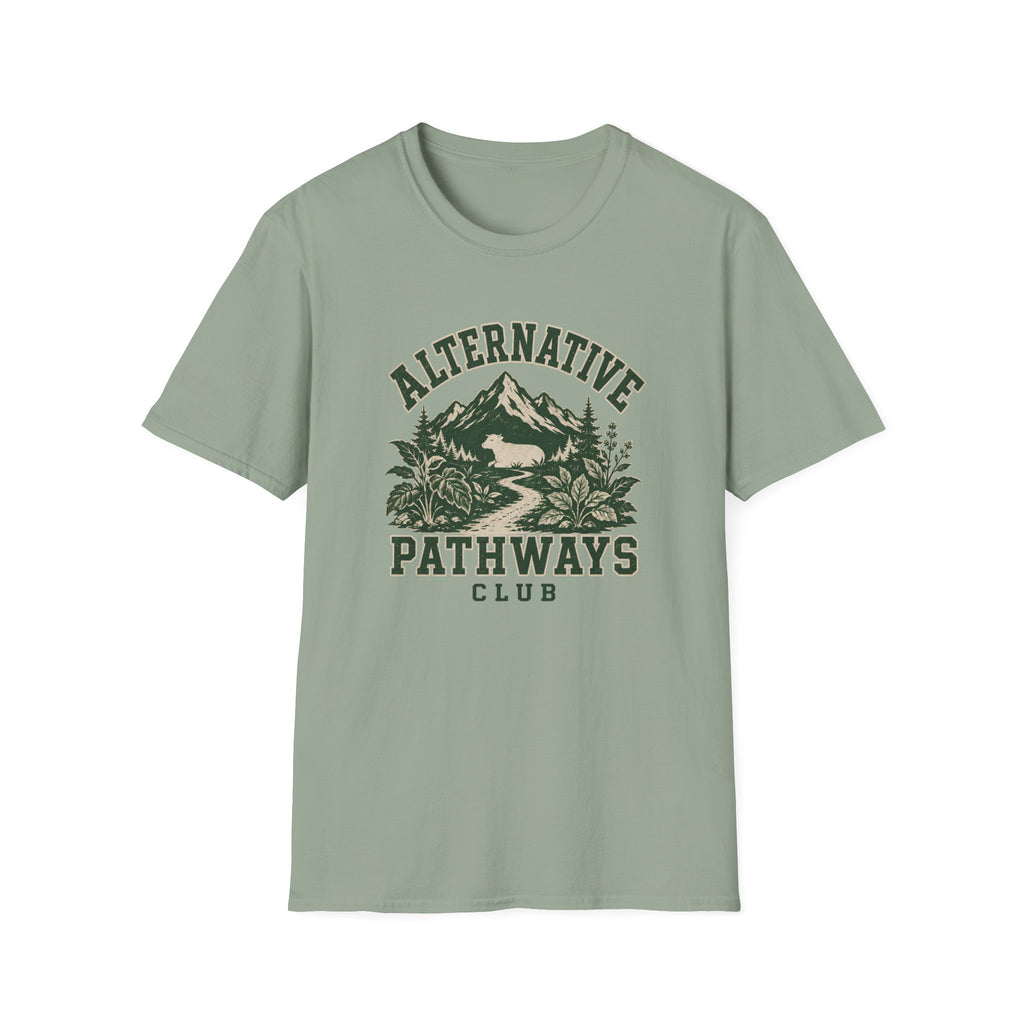 A sage green short-sleeve crewneck t-shirt with a vintage-style dark green graphic on the chest reading 'ALTERNATIVE PATHWAYS CLUB' with a mountain and foliage illustration, shown on a plain white background.
