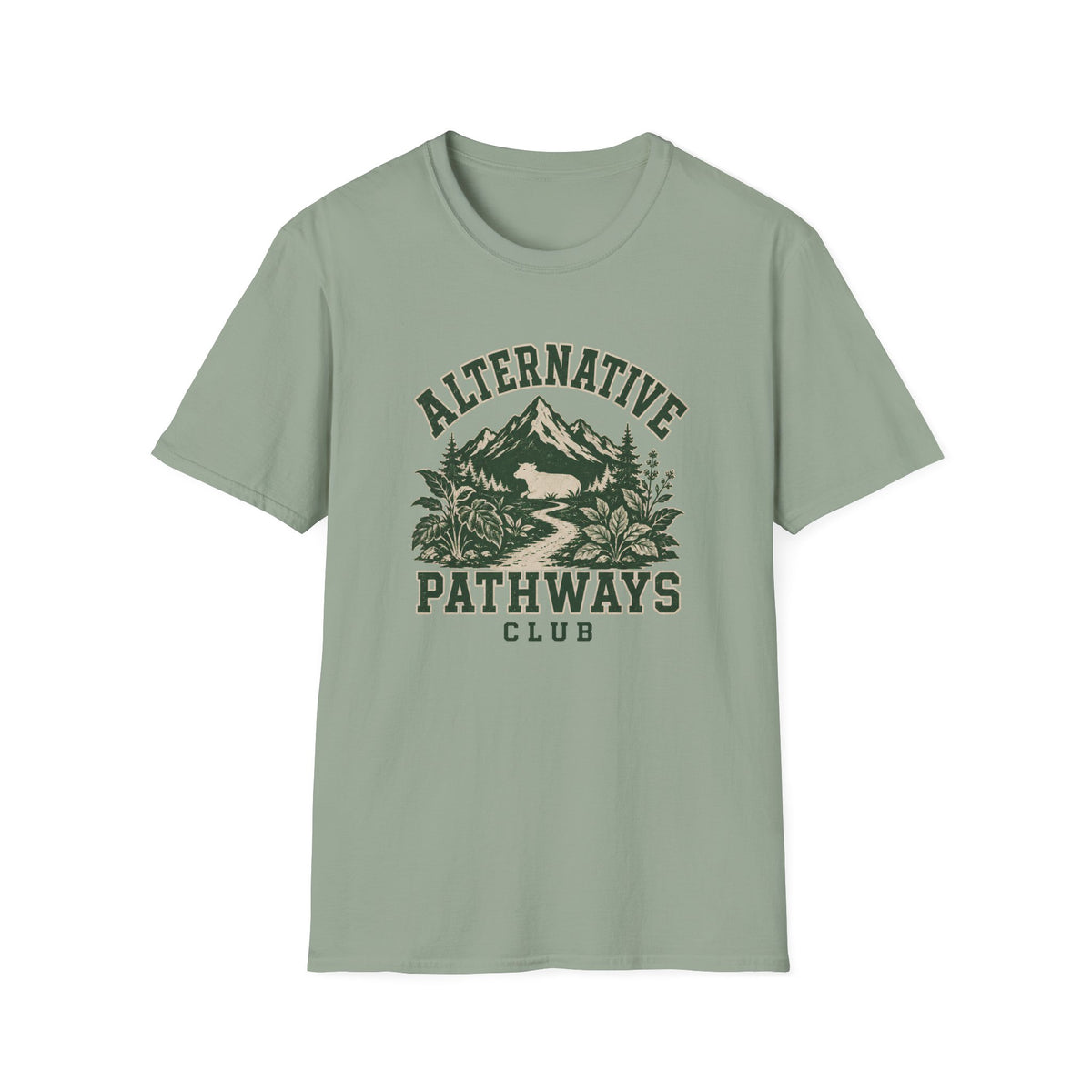 A sage green short-sleeve crewneck t-shirt with a vintage-style dark green graphic on the chest reading 'ALTERNATIVE PATHWAYS CLUB' with a mountain and foliage illustration, shown on a plain white background.