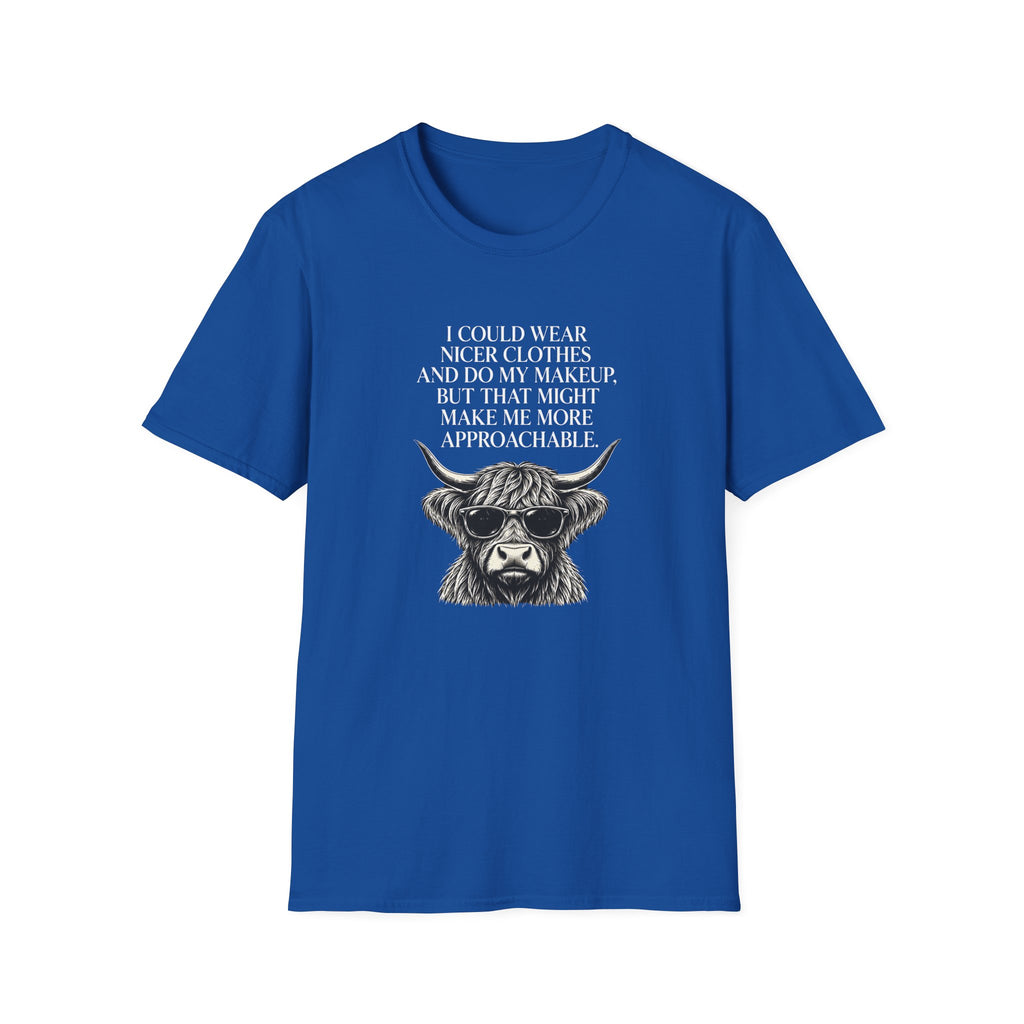 Funny introvert T-shirt design featuring a Highland cow wearing sunglasses, black vintage-style illustration, and the quote "I could wear nicer clothes and do my makeup, but that might make me more approachable."