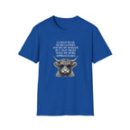 Funny introvert T-shirt design featuring a Highland cow wearing sunglasses, black vintage-style illustration, and the quote "I could wear nicer clothes and do my makeup, but that might make me more approachable."