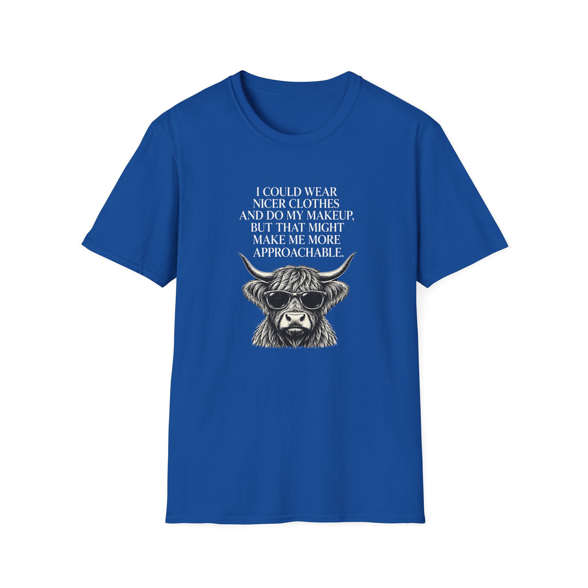 Funny introvert T-shirt design featuring a Highland cow wearing sunglasses, black vintage-style illustration, and the quote "I could wear nicer clothes and do my makeup, but that might make me more approachable."