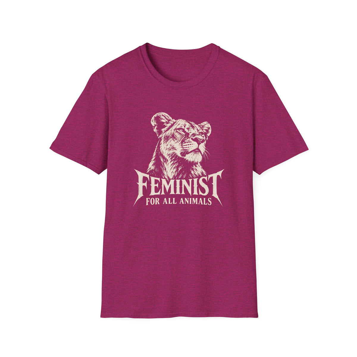 A heather magenta short-sleeve t-shirt with a distressed white graphic of a lioness head and the text 'FEMINIST FOR ALL ANIMALS' printed on the chest, shown against a plain white background.