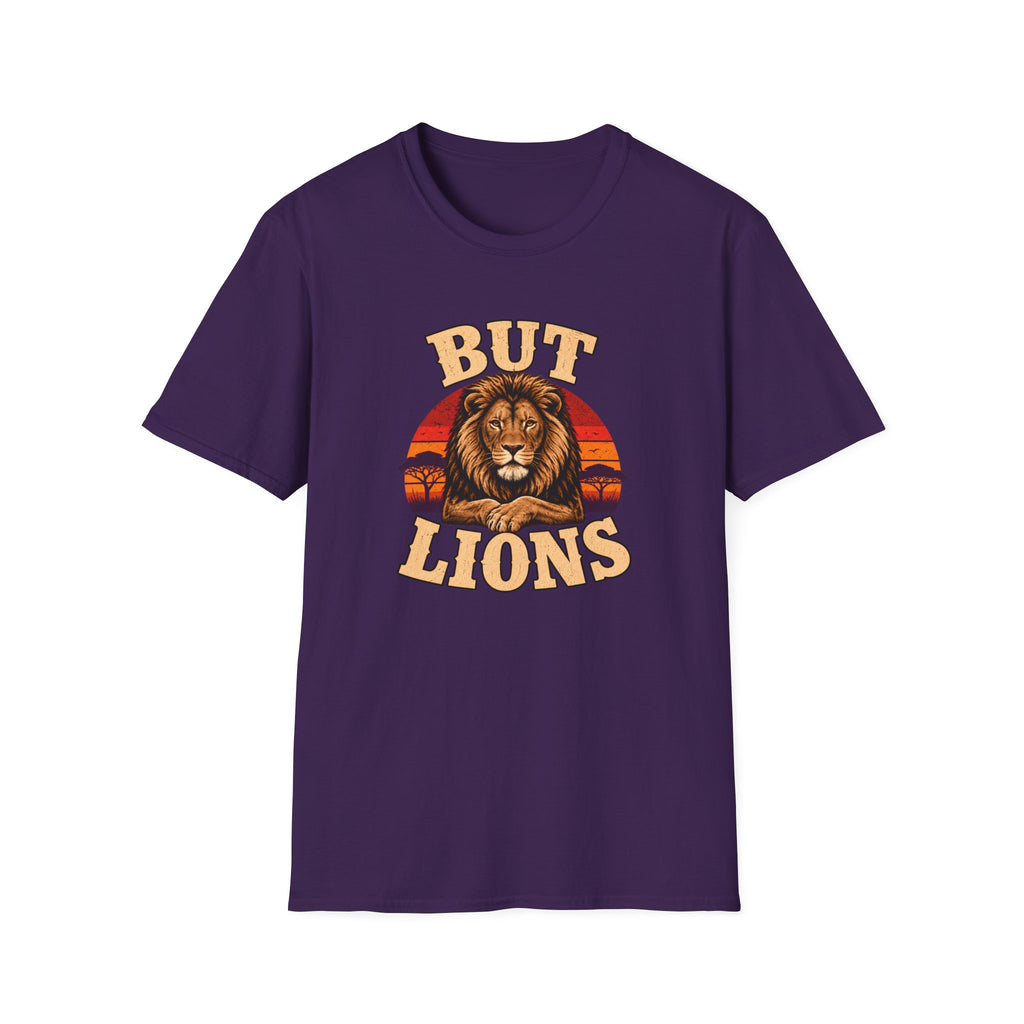 A purple short-sleeve crewneck t-shirt featuring a retro-style graphic of a male lion's face over a sunset, with the words 'BUT LIONS' printed in a distressed beige font.