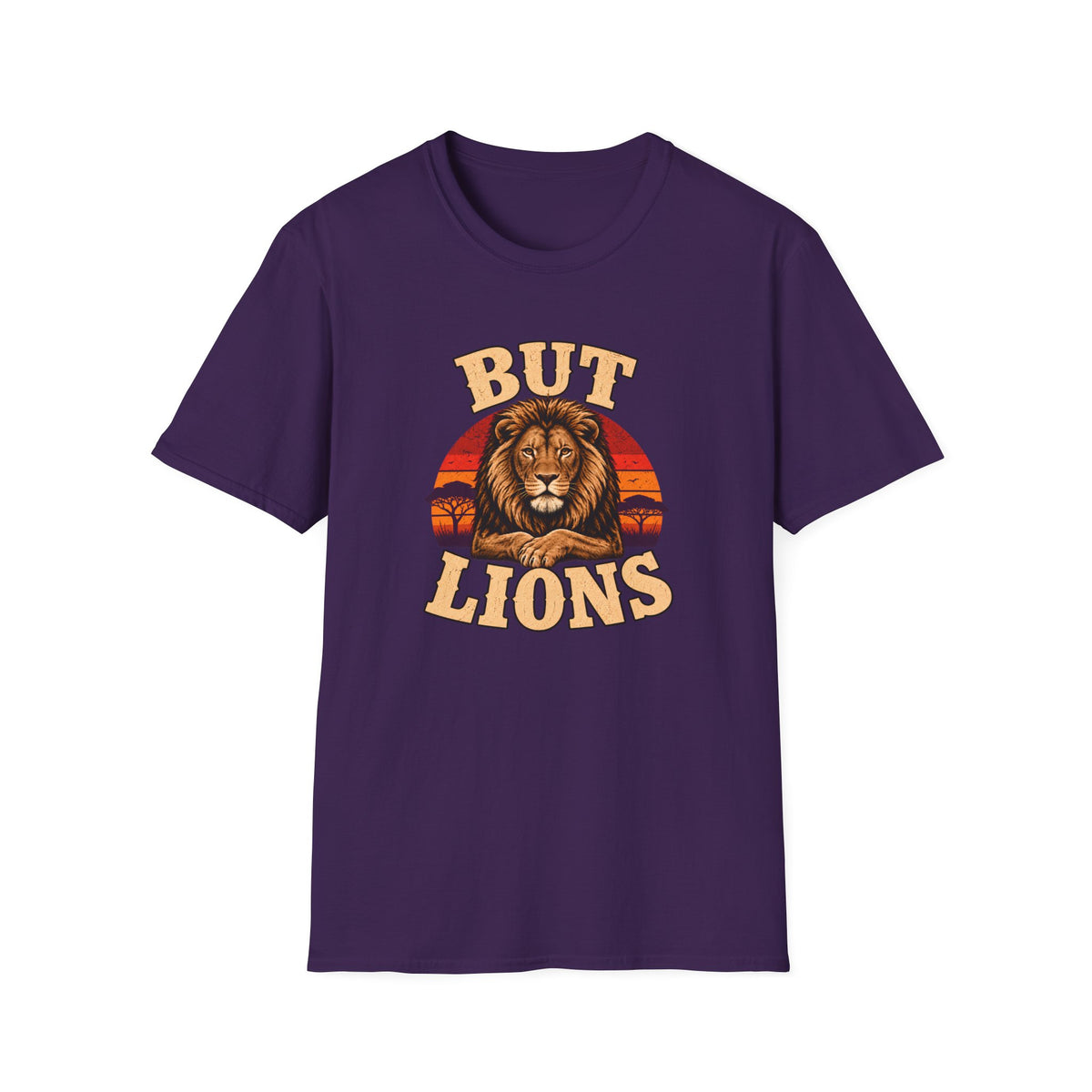 A purple short-sleeve crewneck t-shirt featuring a retro-style graphic of a male lion's face over a sunset, with the words 'BUT LIONS' printed in a distressed beige font.