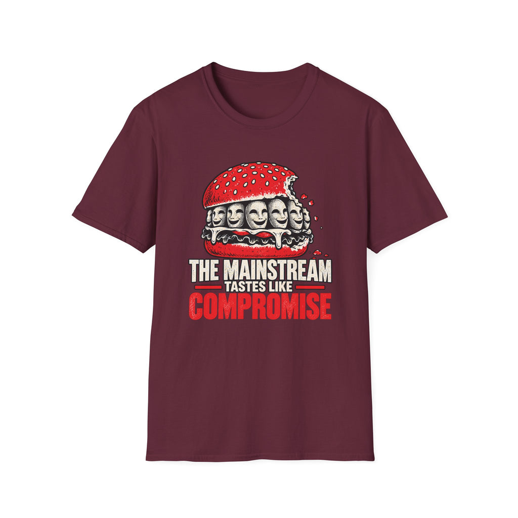 A maroon short-sleeve crewneck t-shirt featuring a graphic of a burger with teeth and the text 'THE MAINSTREAM TASTES LIKE COMPROMISE' on the front, displayed against a solid white background.