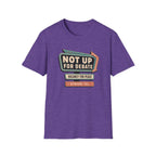 A heather purple short-sleeve t-shirt with a retro-style marquee graphic on the chest reading 'NOT UP FOR DEBATE' and 'VACANCY FOR PEACE' with 'OPINIONS FULL' below, shown on a plain white background.