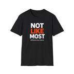 Black t-shirt with 'Not Like Most' text on a white background