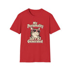 Retro graphic T-shirt design featuring a cool cat in pink sunglasses with the words “My Personality Isn’t AI Generated” in cream and pink lettering.