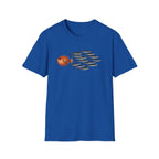 royal blue Minimal graphic design featuring a bold orange pufferfish swimming in the opposite direction of a school of black sardines on a plain background.