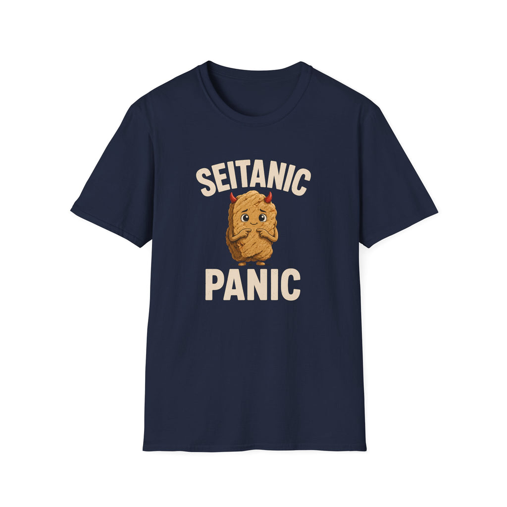 Navy blue t-shirt with a graphic design and text on a white background