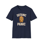 Navy blue t-shirt with a graphic design and text on a white background