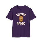 Purple t-shirt with 'Seitanic Panic' graphic design on a white background