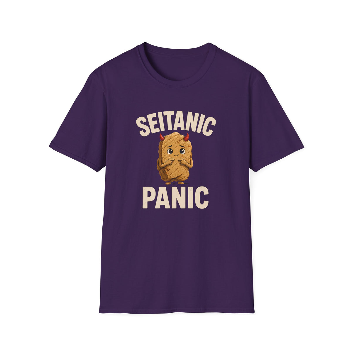Purple t-shirt with 'Seitanic Panic' graphic design on a white background