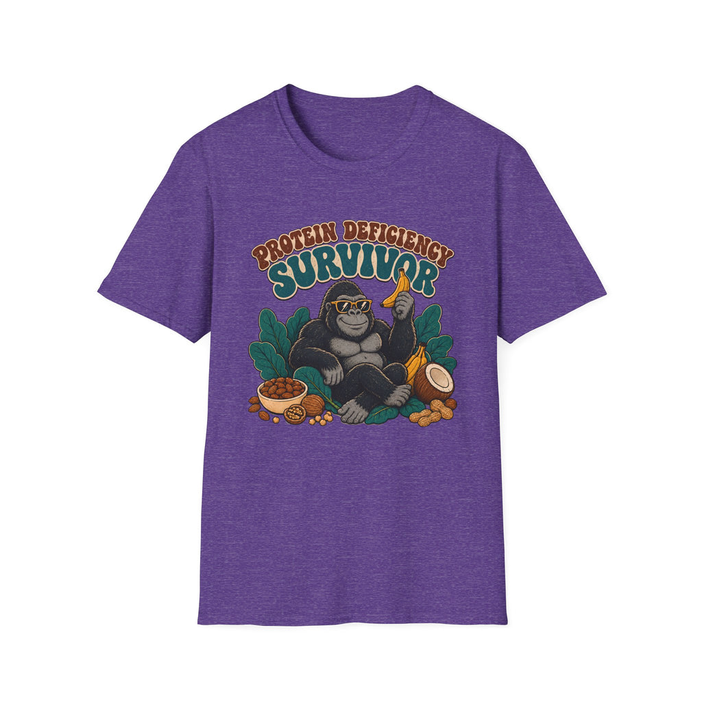 A heather purple short-sleeve t-shirt with a graphic of a gorilla holding a banana next to a bowl of protein powder, with the text 'PROTEIN DEFICITY SURVIVOR' above it, shown on a plain white background.