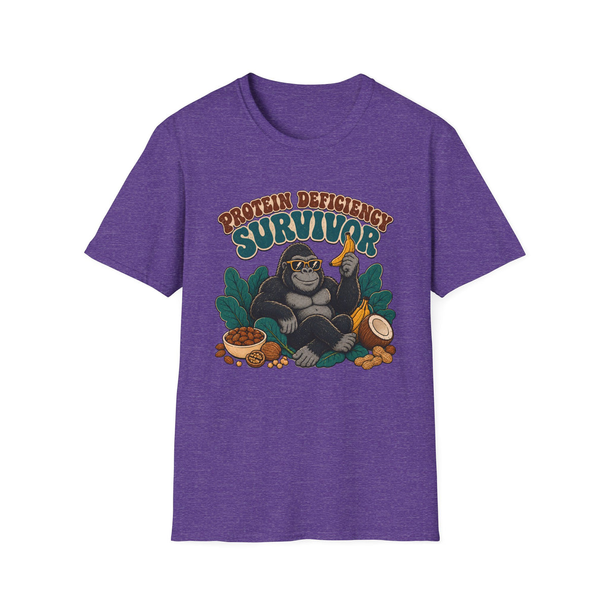 A heather purple short-sleeve t-shirt with a graphic of a gorilla holding a banana next to a bowl of protein powder, with the text 'PROTEIN DEFICITY SURVIVOR' above it, shown on a plain white background.