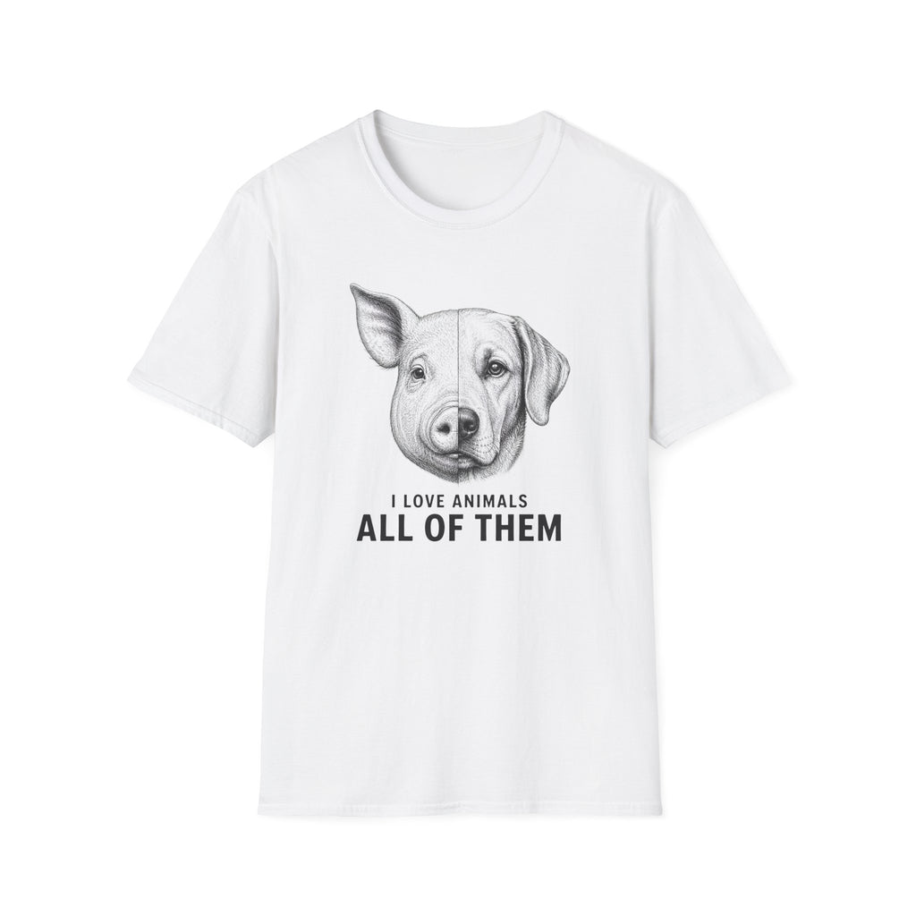 White t-shirt with an image of a half pig half dog image with text 'i love animals all of them'