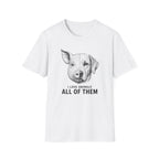 White t-shirt with an image of a half pig half dog image with text 'i love animals all of them'