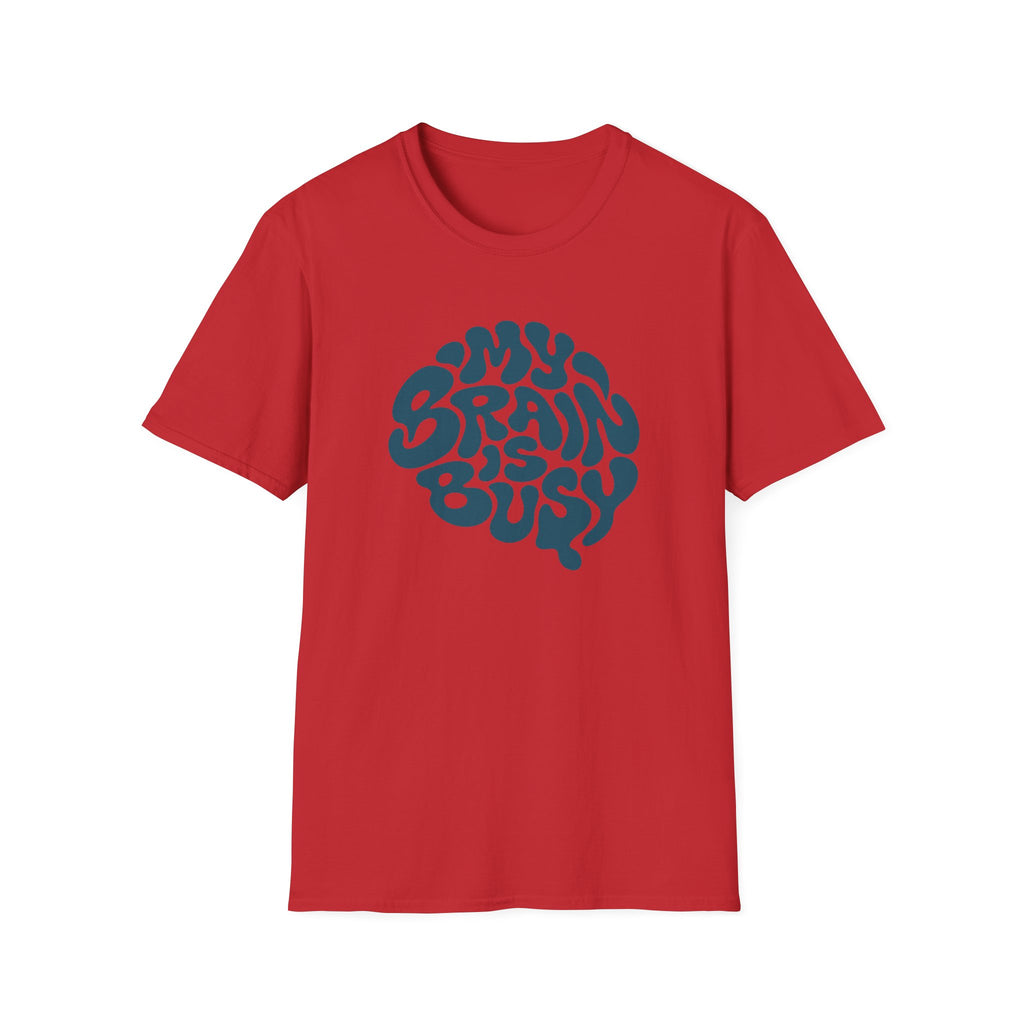 red Retro teal graphic design with the words “My Brain Is Busy” shaped into the outline of a human brain on a plain background.