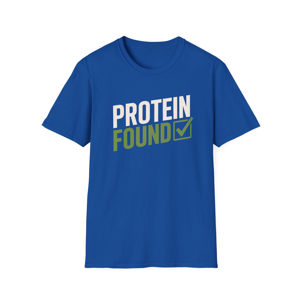 Blue t-shirt with 'PROTEIN FOUND' text on a white background