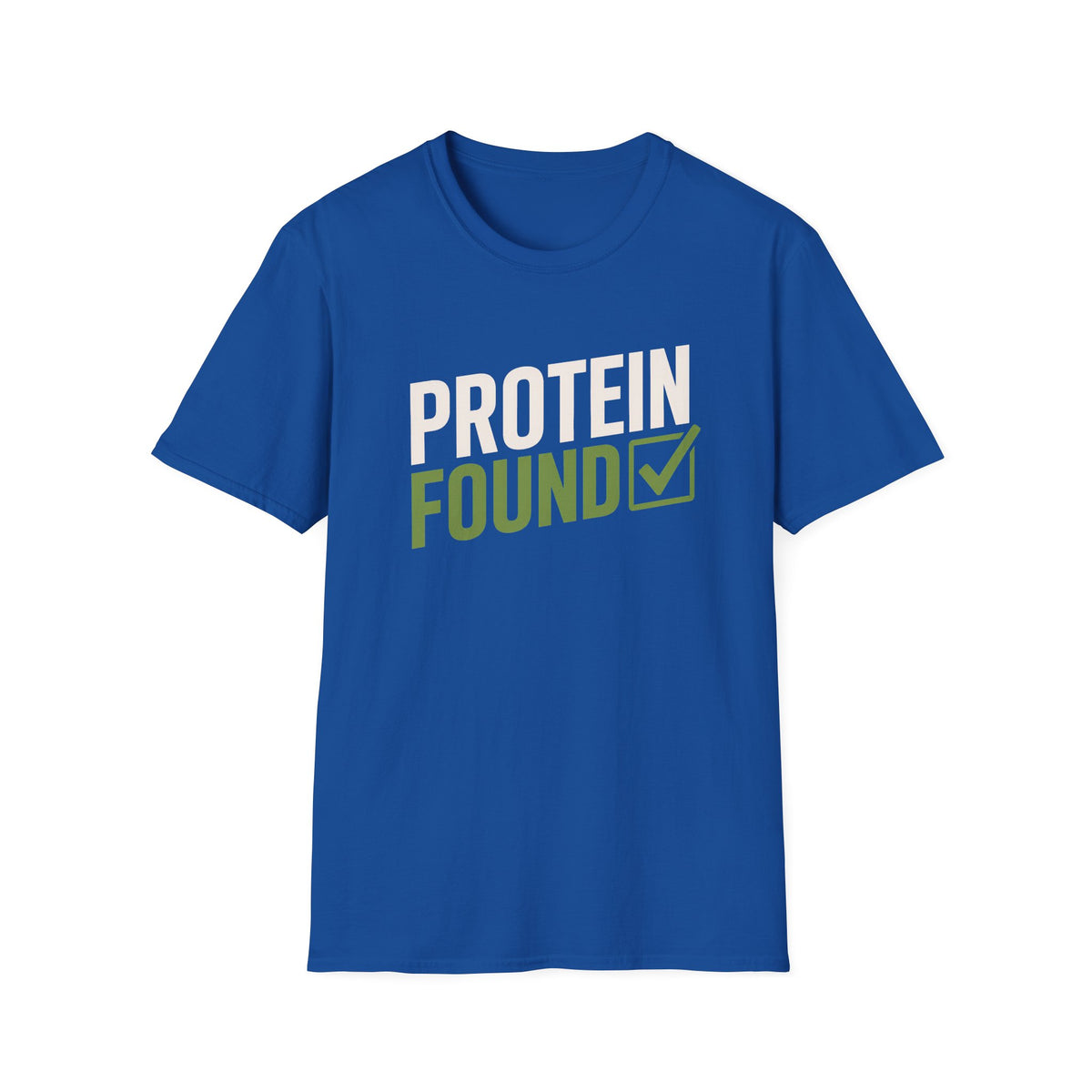 Blue t-shirt with 'PROTEIN FOUND' text on a white background