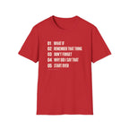 Red graphic T-shirt design with cream numbered text reading What If, Remember That Thing, Don’t Forget, Why Did I Say That and Start Over, with Thought Queue underneath.