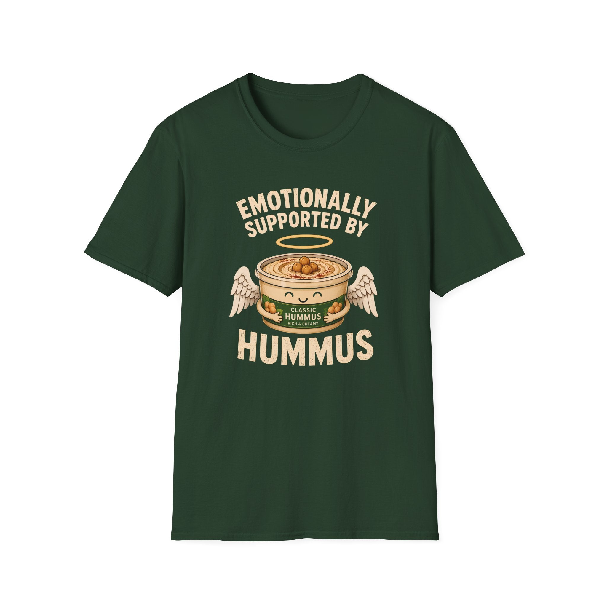 Dark green graphic t-shirt with an image of a tub of hummus and text 'emotionally supported by hummus' on a wooden board with jeans and sneakers