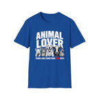 Blue  vegan t-shirt with animal graphic and text 'animal lover terms and conditions don't apply'