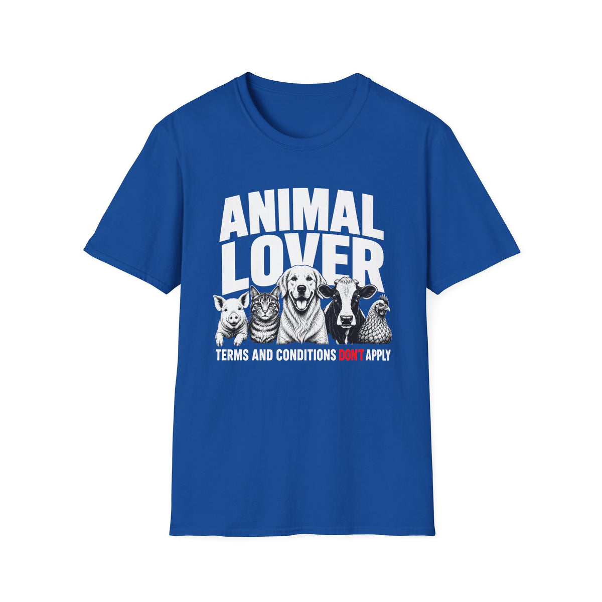 Blue  vegan t-shirt with animal graphic and text 'animal lover terms and conditions don't apply'