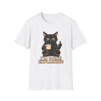 white t-shirt of a Black cat holding a coffee mug and raising its middle finger above the words “I’m Done Explaining” in bold cream vintage lettering.