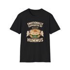black graphic t-shirt with an image of a tub of hummus and text 'emotionally supported by hummus' on a wooden board with jeans and sneakers