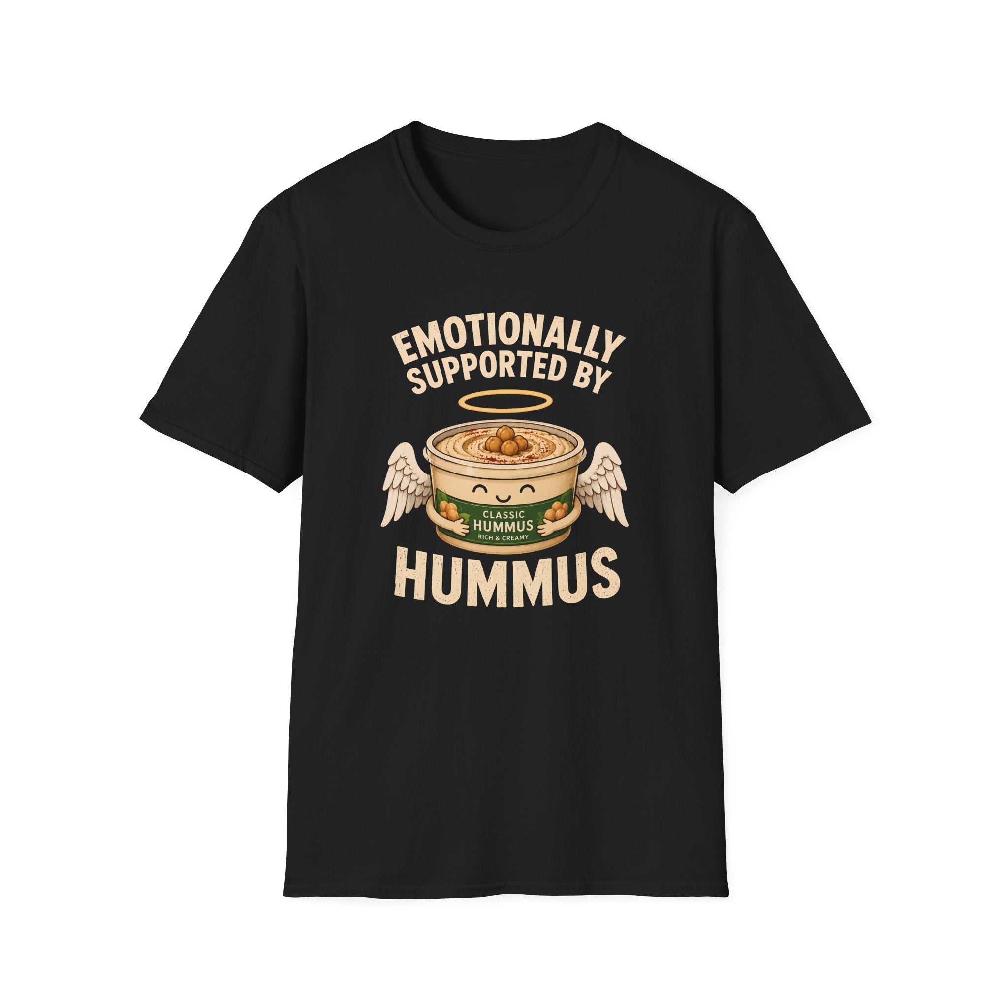 black graphic t-shirt with an image of a tub of hummus and text 'emotionally supported by hummus' on a wooden board with jeans and sneakers
