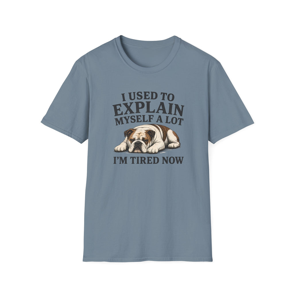 Blue t-shirt with a bulldog graphic and text on a white background