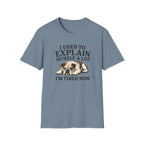 Blue t-shirt with a bulldog graphic and text on a white background