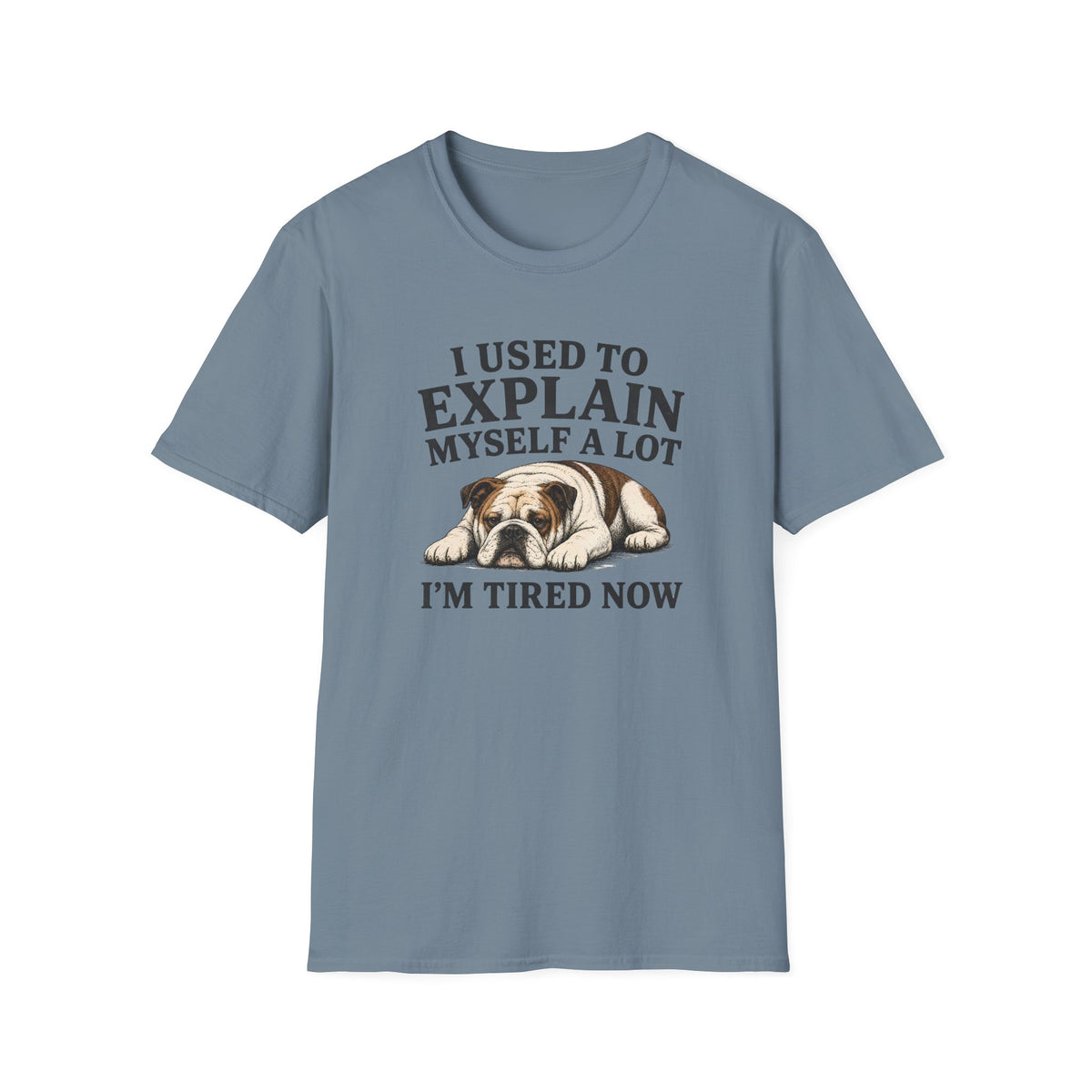 Blue t-shirt with a bulldog graphic and text on a white background