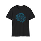 black Retro teal graphic design with the words “My Brain Is Busy” shaped into the outline of a human brain on a plain background.