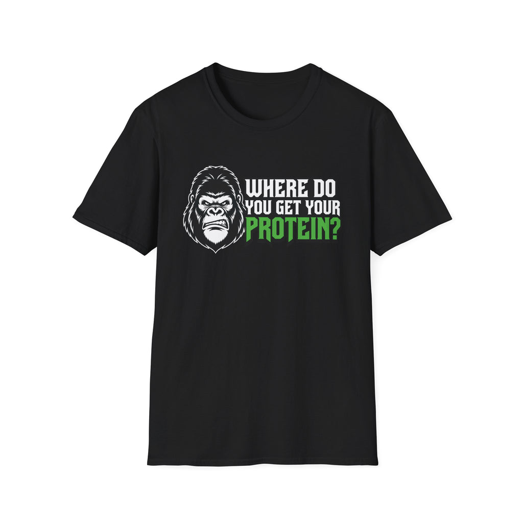 A black short-sleeve crewneck t-shirt with a graphic on the chest featuring a gorilla illustration and the text 'WHERE DO YOU GET YOUR PROTEIN?' in white and green, displayed on a solid white background.