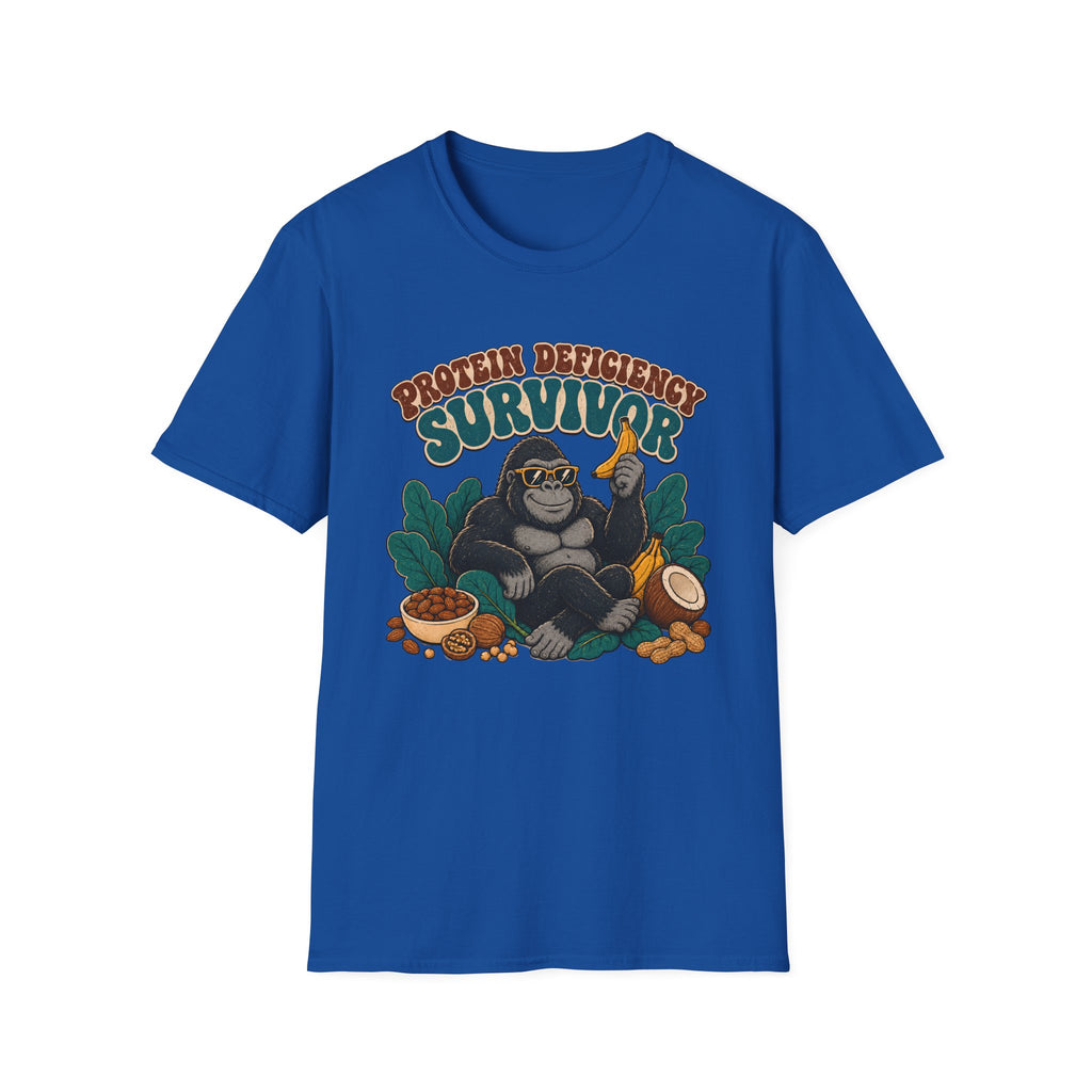 A royal blue short-sleeve crewneck t-shirt featuring a graphic of a gorilla wearing sunglasses and holding a banana, surrounded by text that reads 'PROTEIN DEFICITY SURVIVOR' and tropical elements like leaves, a coconut, and nuts.